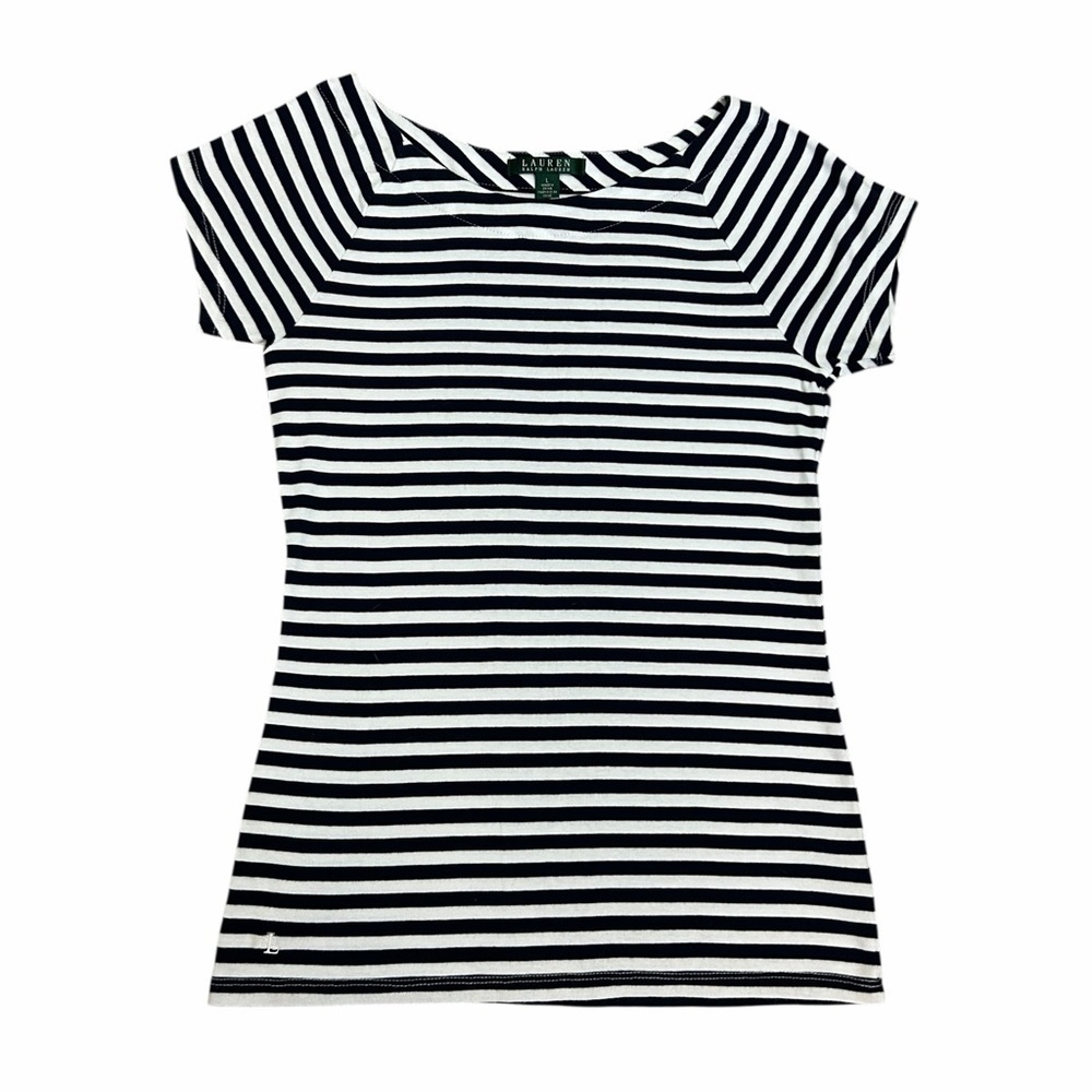Lauren Ralph Lauren High Neck Nautical Stripe T-shirt Coastal Women’s Sz Large